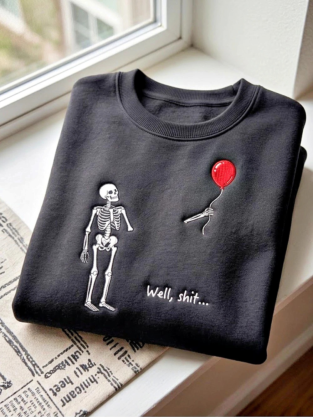 Skeleton Red Balloon Embroidered Sweatshirt Black